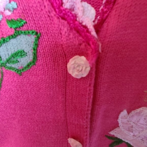 Storybook Knits Pink Cardigan Sweater Roses L - Picture 7 of 14